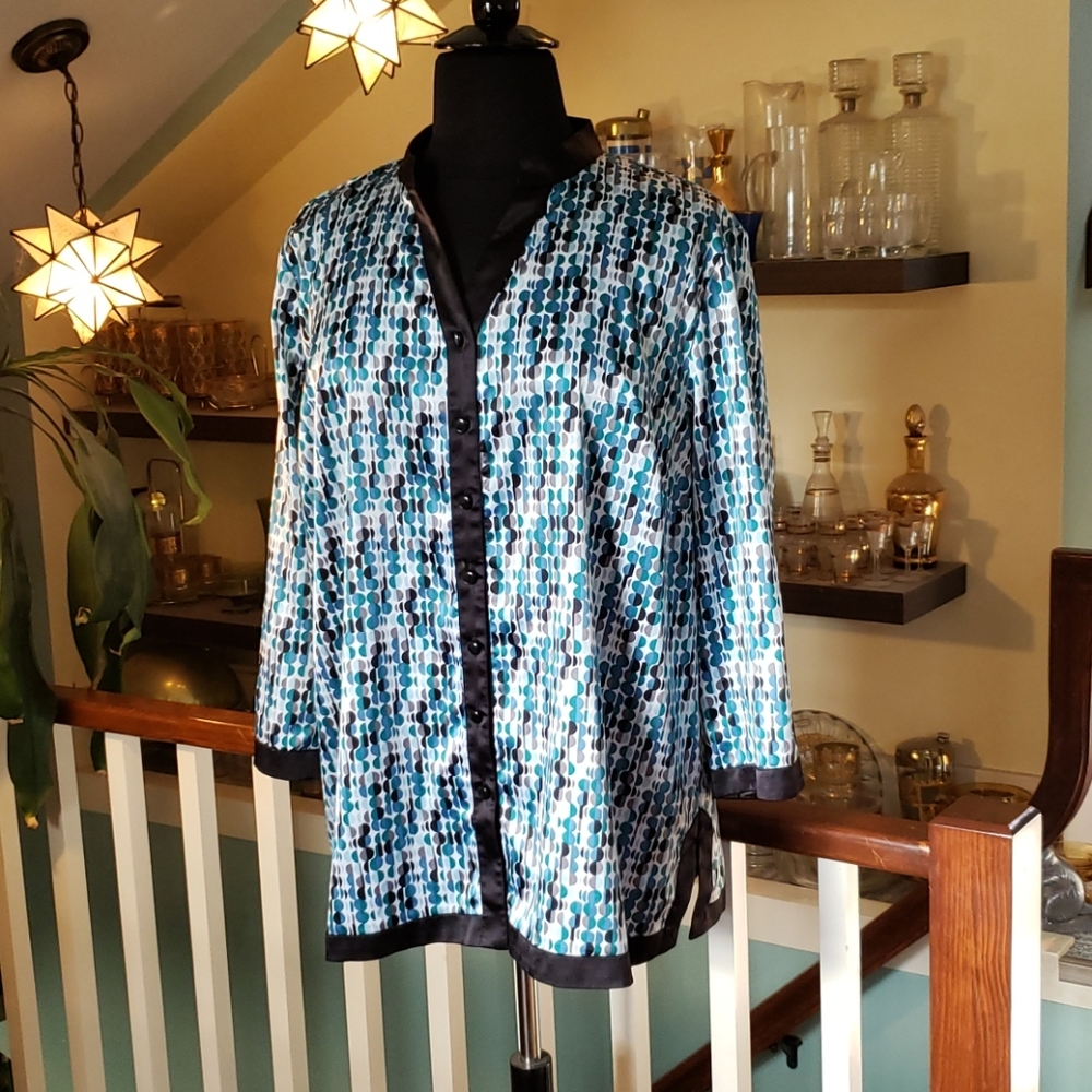 JM Collection Womans Tuquoise And Gray Dot Pattern Tunic